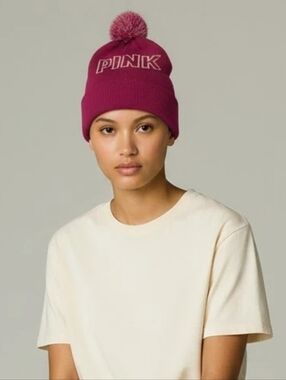 PINK Knit Pom Beanie in Hot Pink